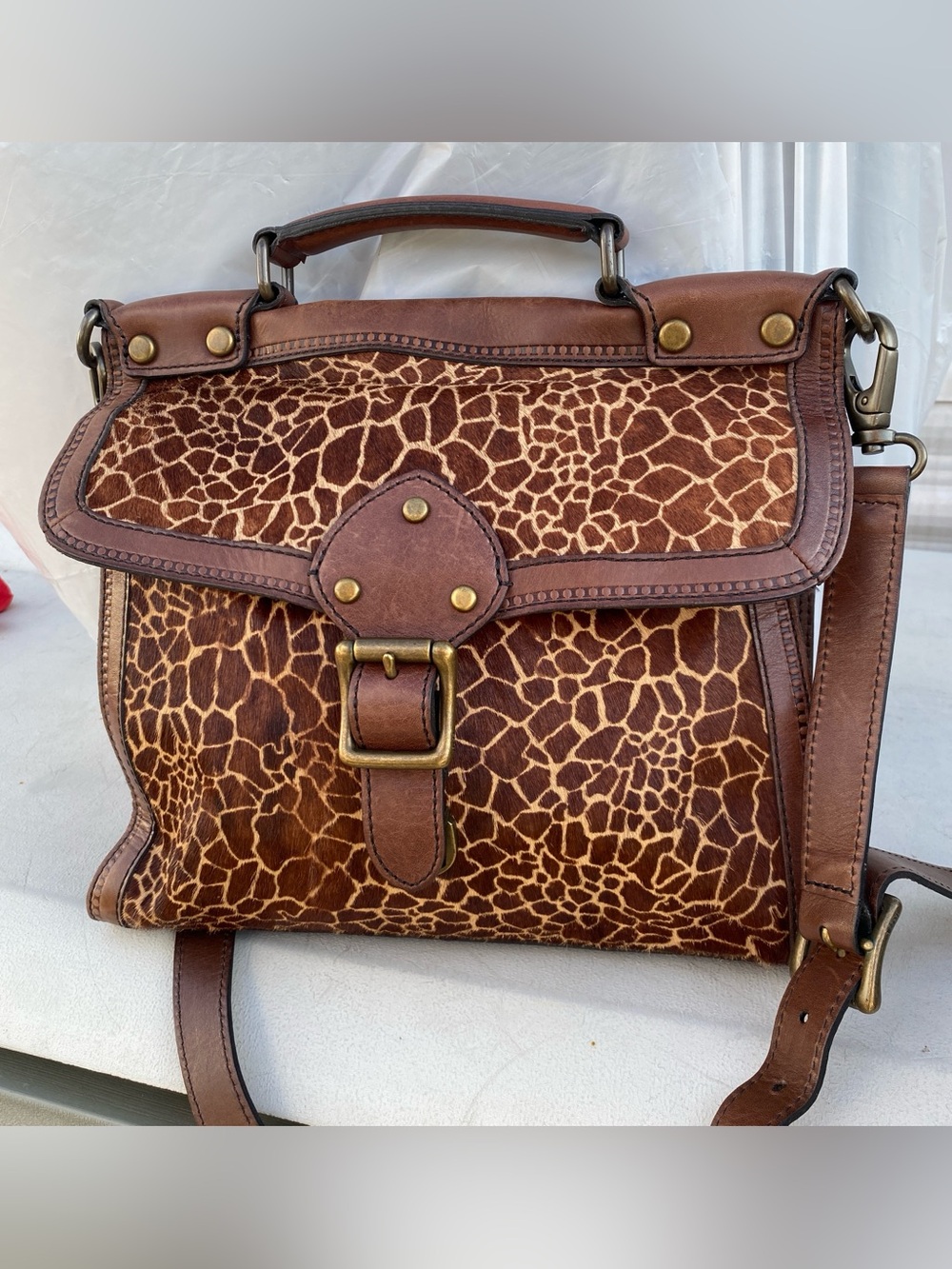 FOSSIL vintage revival reissue brown leather calfhair giraffe satchel bag purse - Picture 4 of 16
